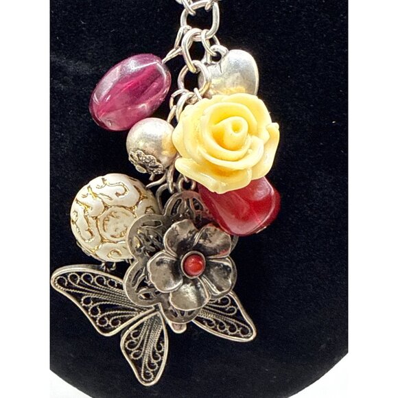 Mixed Charm Necklace With Yellow Rose Red Accents & Butterfly Pendant - Picture 2 of 3